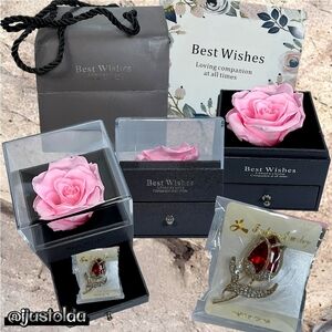 Best Wishes Encased Rose & Rose Brooch Gift Set, Drawer Box, Card & Gift Bag